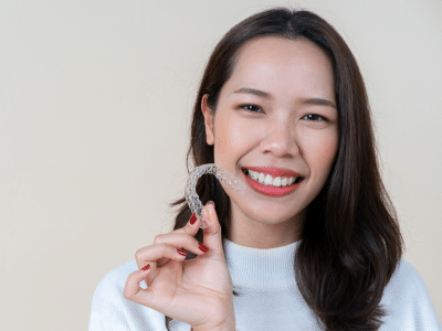 Woman holding a clear dental aligner | Nudera Orthodontics